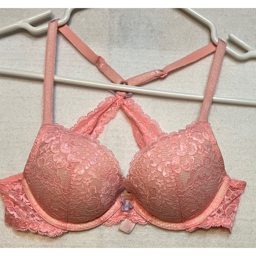 Victoria's Secret Bra 32B Pink Push Up Lace Racerback Cross Back Underwire